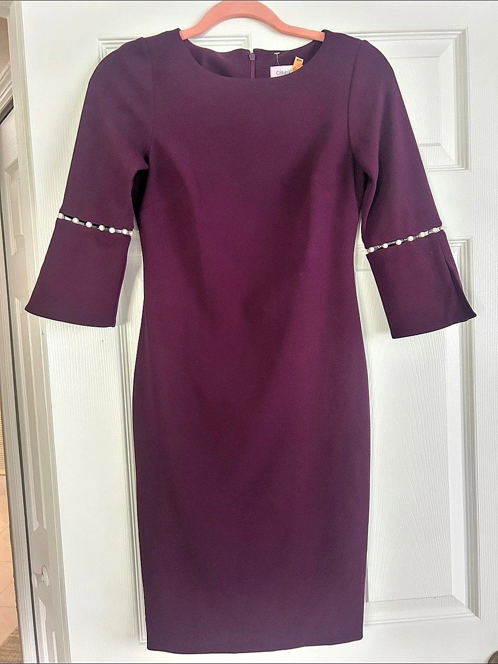 Calvin Klein Faux-Pearl-Trim Bell Sleeve Sheath Dress Purple